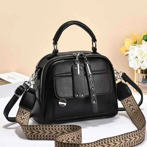 Fashion PU Leather Handbag With Wide Patterned Strap Women Small Square Crossbody Bag For Commuting Daily Shoulder Tote Bag