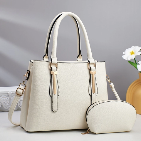 Women Handbag And Pouch Litchi Grain PU Leather Large Capacity Shoulder Bag With Gold Metal Decor Business Commute Trendy