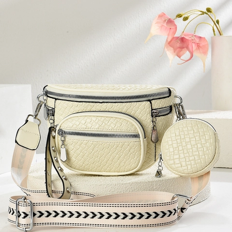 Women PU Leather Crossbody Chest Bag With Detachable Round Coin Purse Woven Texture Wide Patterned Strap Multi Pocket