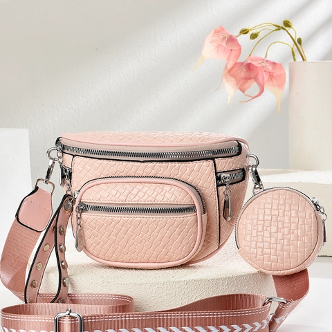 Women PU Leather Crossbody Chest Bag With Detachable Round Coin Purse Woven Texture Wide Patterned Strap Multi Pocket