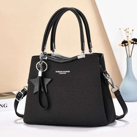 Woven Texture PU Leather Tote Bag With Star Pendant Detachable Shoulder Strap Fashion Handbag For Women Daily Use