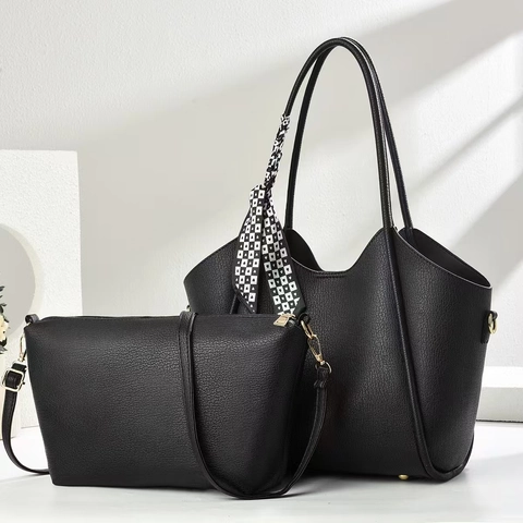 Women PU Leather Litchi Grain Tote Bag And Crossbody Bag Set Large Capacity Multi Compartment Scarf Decor Simple Elegant