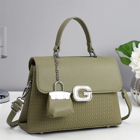 Damen Handtasche PU Leder Litschi Textur Strass G Buchstaben Dekor Umhängetasche Mit Mini Anhänger Elegant