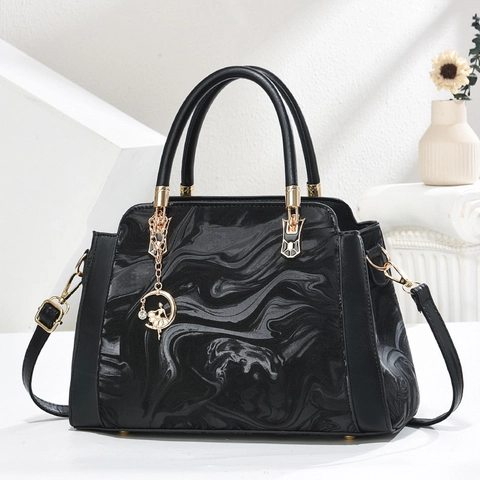 Elegant Women Handbag PU Leather Marble Pattern Snake Head Buckle Detachable Strap Retro Commuter Large Capacity Fashion