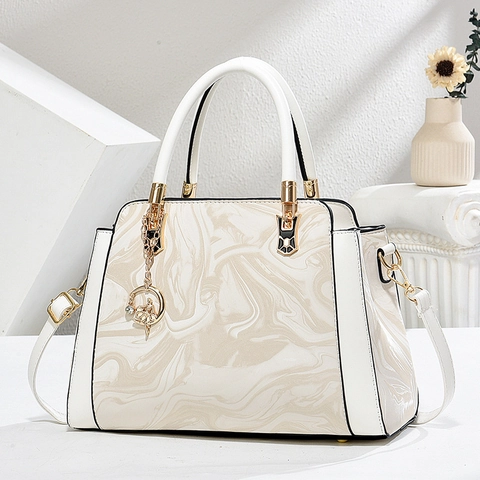 Elegant Women Handbag PU Leather Marble Pattern Snake Head Buckle Detachable Strap Retro Commuter Large Capacity Fashion