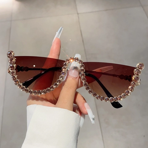 Mode Cat Eye Halbrand Sonnenbrille Für Damen Mit Strass Metallrahmen PC Gläser Farbverlauf UV400 Schutz Luxus
