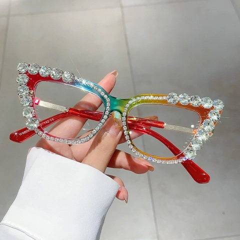 Montatura Per Occhiali Cat Eye Oversize Strass Anti-Luce Blu Occhiali Di Moda Di Lusso Per Donne Accessorio Per Feste