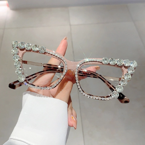 Montatura Per Occhiali Cat Eye Oversize Strass Anti-Luce Blu Occhiali Di Moda Di Lusso Per Donne Accessorio Per Feste