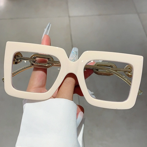 Occhiali Da Vista Quadrati Oversize Anti Luce Blu Stanghette A Catena In Metallo Dorato Montatura PC Lenti Chiare Moda Donna