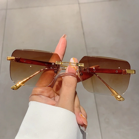Gafas De Sol Cuadradas Sin Montura Marco De Metal Patillas De Grano De Madera Lentes Degradados Vintage Lujo Moda Protección UV Hombres Mujeres