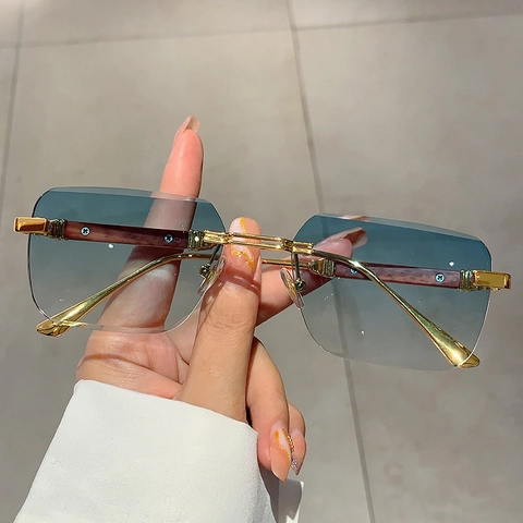 Gafas De Sol Cuadradas Sin Montura Marco De Metal Patillas De Grano De Madera Lentes Degradados Vintage Lujo Moda Protección UV Hombres Mujeres