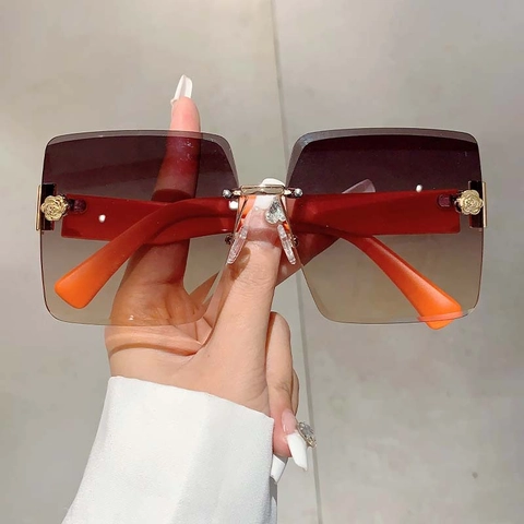 Rimless Oversized Square Sunglasses UV400 Protection Gradient Lens Metal Rose Decor Fashion Retro Eyewear Women
