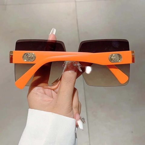 Rimless Oversized Square Sunglasses UV400 Protection Gradient Lens Metal Rose Decor Fashion Retro Eyewear Women