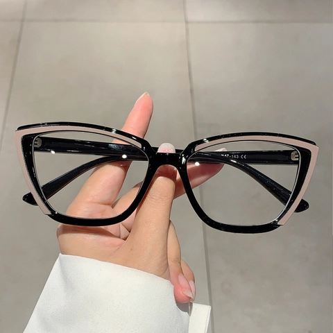 Cat Eye Glasses Frames Anti Blue Light PC Patchwork Color Block Trendy Spectacles For Women Retro Style