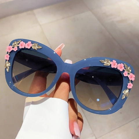 Vintage Fashion Cat Eye Sunglasses For Women 3D Pink Flower Golden Leaf Rhinestone PC Frame Sunglasses UV400 Protective Eyewear