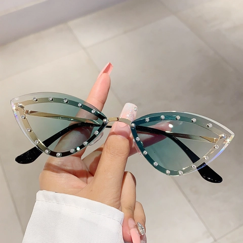 Luxury Rimless Cat Eye Sunglasses For Women Rhinestone Gradient Lens UV400 Metal Frame Vintage Fashion Decorative Eyewear