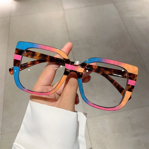 Square Oversized Glasses Frame PC Anti Blue Light Filter Office Fashion Vintage Leopard Print Women Eye Protection