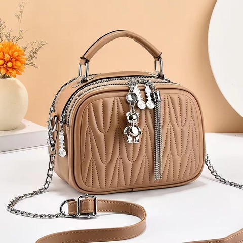 Women Quilted PU Leather Handbag Multiple Zipper Pockets Elegant Shoulder Crossbody Bag With Bear Pendant Tassel Versatile