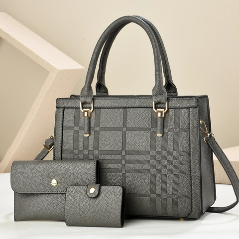 Damen Handtasche Tote Clutch Und Kartenhalter PU Leder Litchi Gitter Prägung Goldene Hardware Mode Elegant