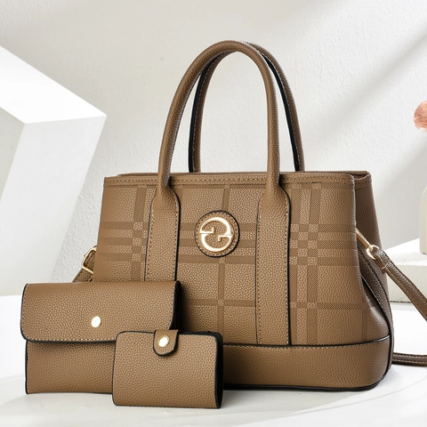 Women Tote Handbag Clutch Wallet And Card Holder Lychee Grain PU Leather Embossed Grid Daily Elegant Fashionable