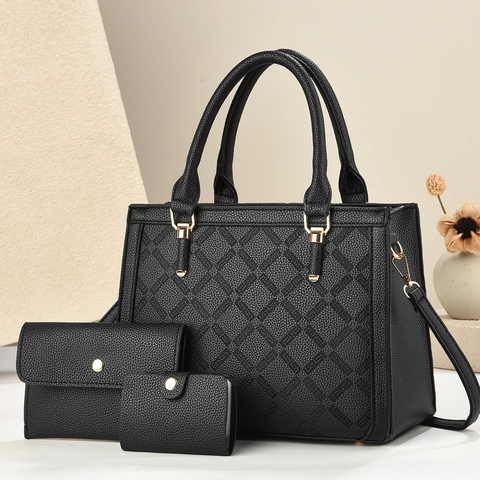 Damen Handtasche Umhängetasche Geldbörse Und Kartenhalter PU Leder Litschi Muster Raute Gesteppt Goldene Hardware Elegant Trendig