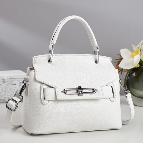 Women Handbag Lychee Pattern PU Leather Elegant Shoulder Crossbody Bag Silver Chain Lock Top Handle Urban Fashion