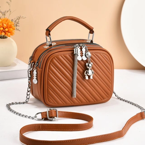 Quilted Handbag For Women PU Leather Crossbody Bag With Bear Charm And Tassel Multi Layer Zipper Chic Shoulder Purse