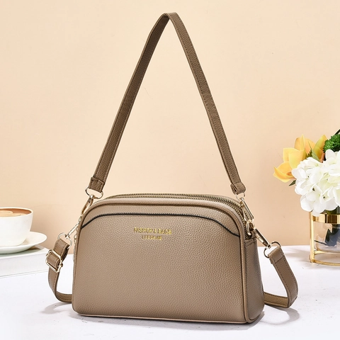 Women Crossbody Bag PU Leather Litchi Grain Multi Zipper Triple Layer Shoulder Bag Adjustable Strap Casual Square
