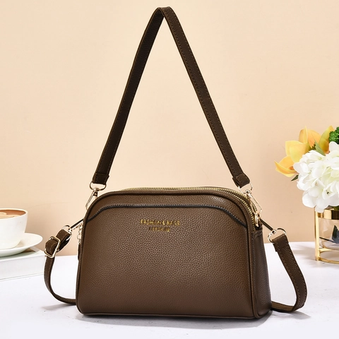 Women Crossbody Bag PU Leather Litchi Grain Multi Zipper Triple Layer Shoulder Bag Adjustable Strap Casual Square