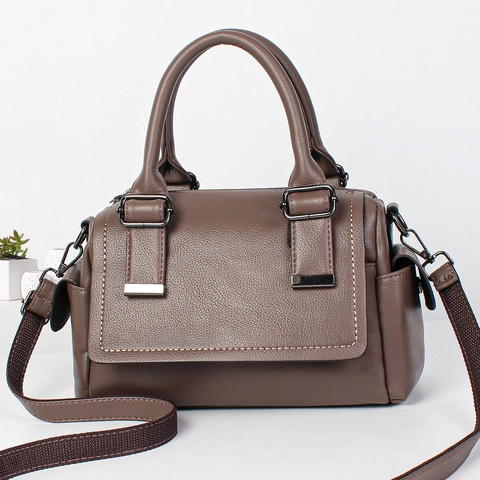 Women Boston Bag Lychee Pattern PU Leather Crossbody Shoulder Handbag Large Capacity Detachable Wide Strap Solid Color