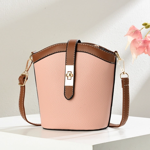 Bolso De Cubo De Cuero PU Color De Contraste Textura Lichi Correa Ajustable Bolso Bandolera Vintage Versátil Para Mujer