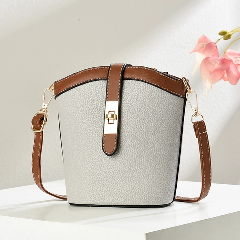 Bolso De Cubo De Cuero PU Color De Contraste Textura Lichi Correa Ajustable Bolso Bandolera Vintage Versátil Para Mujer