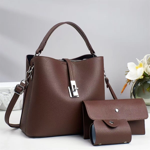 Damen Eimer Handtasche Und Brieftasche Und Kartenhalter Aus PU Leder Mit Litschi Muster Urban Minimalistisch Groß Elegant