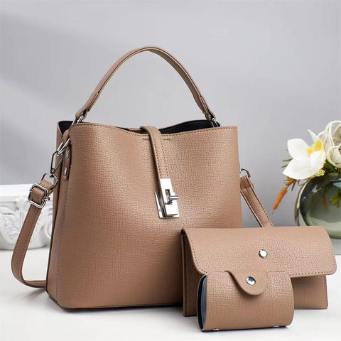 Damen Eimer Handtasche Und Brieftasche Und Kartenhalter Aus PU Leder Mit Litschi Muster Urban Minimalistisch Groß Elegant