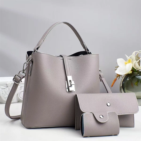Moda Donna Motivo Litchi Borsa a Mano in Pelle PU Set 3-In-1 Borsa Secchiello Borsa Tracolla Tote Bag Pendolare Donna