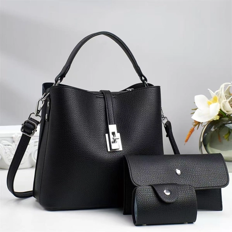 Moda Donna Motivo Litchi Borsa a Mano in Pelle PU Set 3-In-1 Borsa Secchiello Borsa Tracolla Tote Bag Pendolare Donna