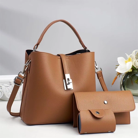 Damen Mode Litschitextur PU-Leder Eimertasche Handtasche Schultertasche Und Geldbörse Und Kartenhalter Passende Kollektion