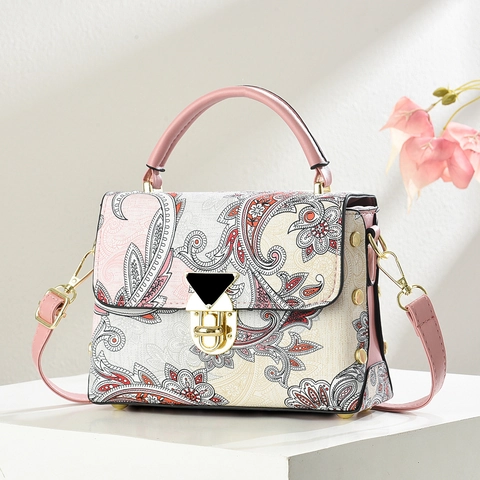 Women Paisley Print PU Leather Handbag Vintage Bohemian Top Handle Bag With Removable Strap Metal Triangle Lock