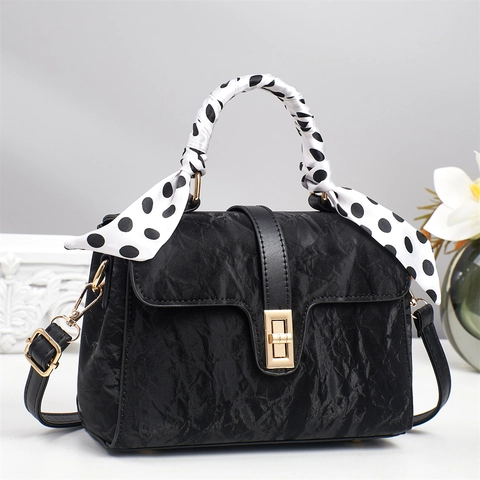 Women Shoulder Bag PU Leather Marble Texture With Satin Scarf Handle Square Handbag Urban Elegant Crossbody Purse