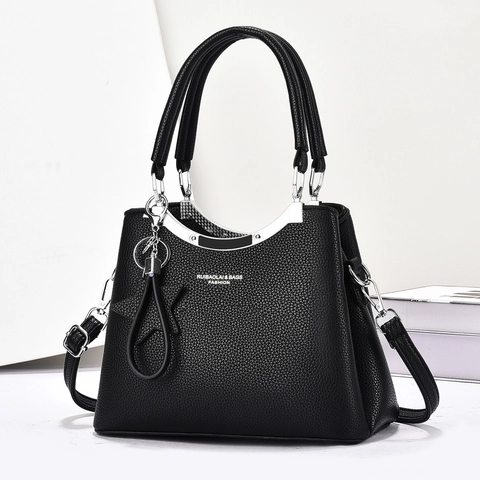 Sac À Main Femmes Cuir PU Grain Lychee Grande Capacité Sac À Bandoulière Avec Pendentif Étoile Navette Élégant Mode