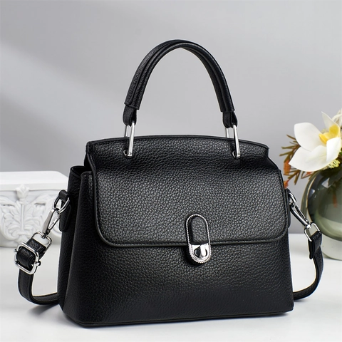 Borsa a Mano Minimalista in Pelle PU Grana Lichi per Donna Hardware Argento Borsa a Tracolla con Patta e Tracolla Regolabile