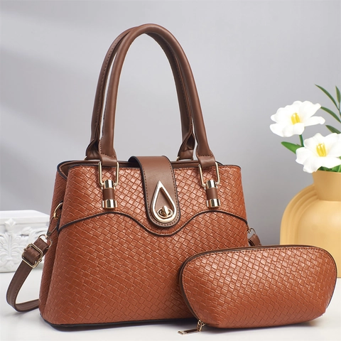 Borsa A Mano E Pochette Donna Pelle PU Trama Intrecciata Grande Capacità Borsa A Tracolla Elegante Moda Chiusura Dorata