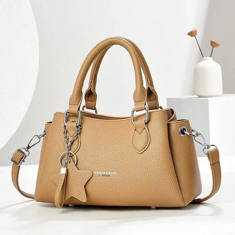 Fashion Women Handbag PU Leather Litchi Grain Double Handle Detachable Shoulder Strap Star Charm Versatile Crossbody Tote Bag