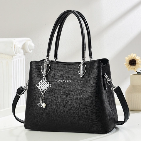 Bolso De Mano Para Mujer Cuero PU Patrón Lychee Bolso De Hombro Cruzado Con Colgante De Perla Artificial Metal Herrajes Plateados Elegante