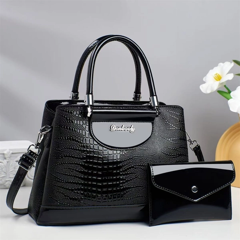 Bolso De Mano Y Cartera Para Mujer Patrón De Cocodrilo Cuero Brillante Gran Capacidad Bandolera Moda Coreana Urbana