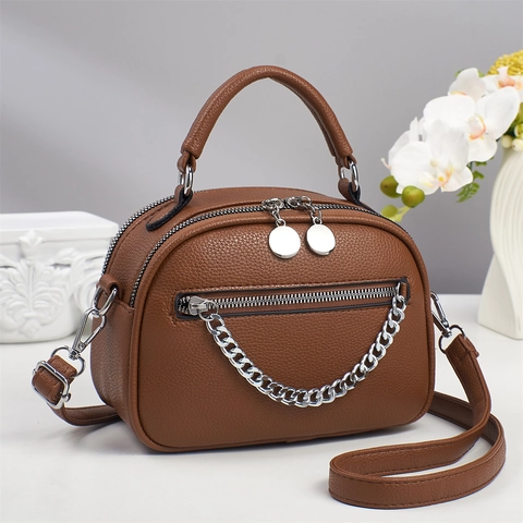 Lychee Texture PU Leather Handbag With Silver Chain Decor Double Zipper Shoulder Messenger Bag For Women Modern Chic Top Handle