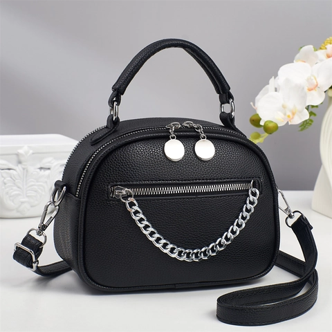 Lychee Texture PU Leather Handbag With Silver Chain Decor Double Zipper Shoulder Messenger Bag For Women Modern Chic Top Handle