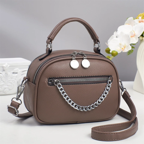 Women PU Leather Handbag Lychee Pattern Double Zipper Metal Chain Fashion Crossbody Shoulder Bag Shell Camera Bag