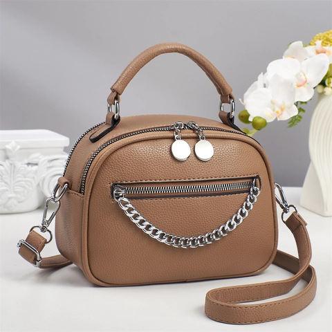 Women PU Leather Handbag Lychee Pattern Double Zipper Metal Chain Fashion Crossbody Shoulder Bag Shell Camera Bag