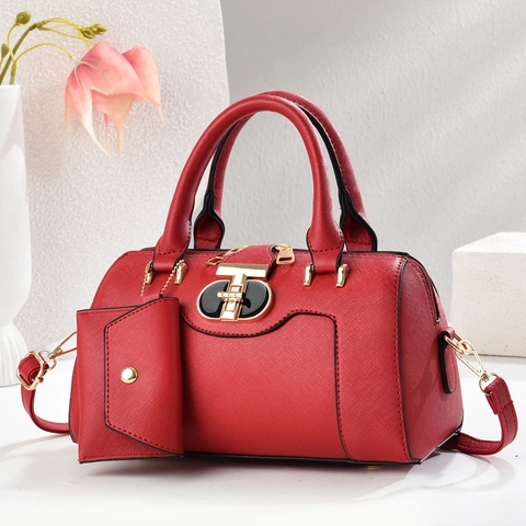 Women Saffiano PU Leather Boston Handbag With Metal Lock And Hanging Coin Purse Crossbody Shoulder Bag For Daily Work